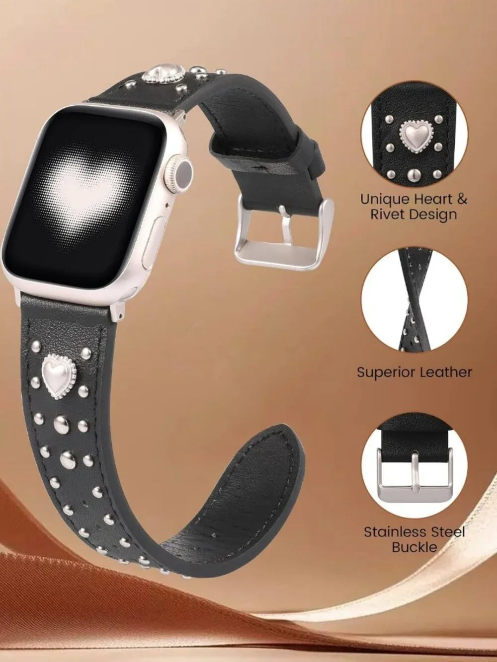 Stylish Studded Leather Apple Watch Band for Women - Adjustable & Durable Design